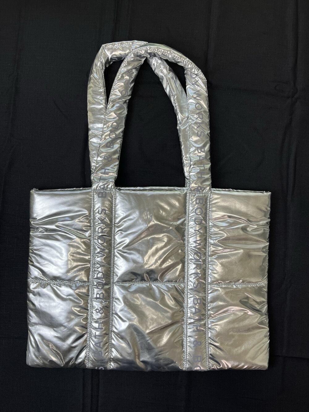 Bath & Body Works Silver Metallic Logo Tote Bag Large Open Top Lined Double